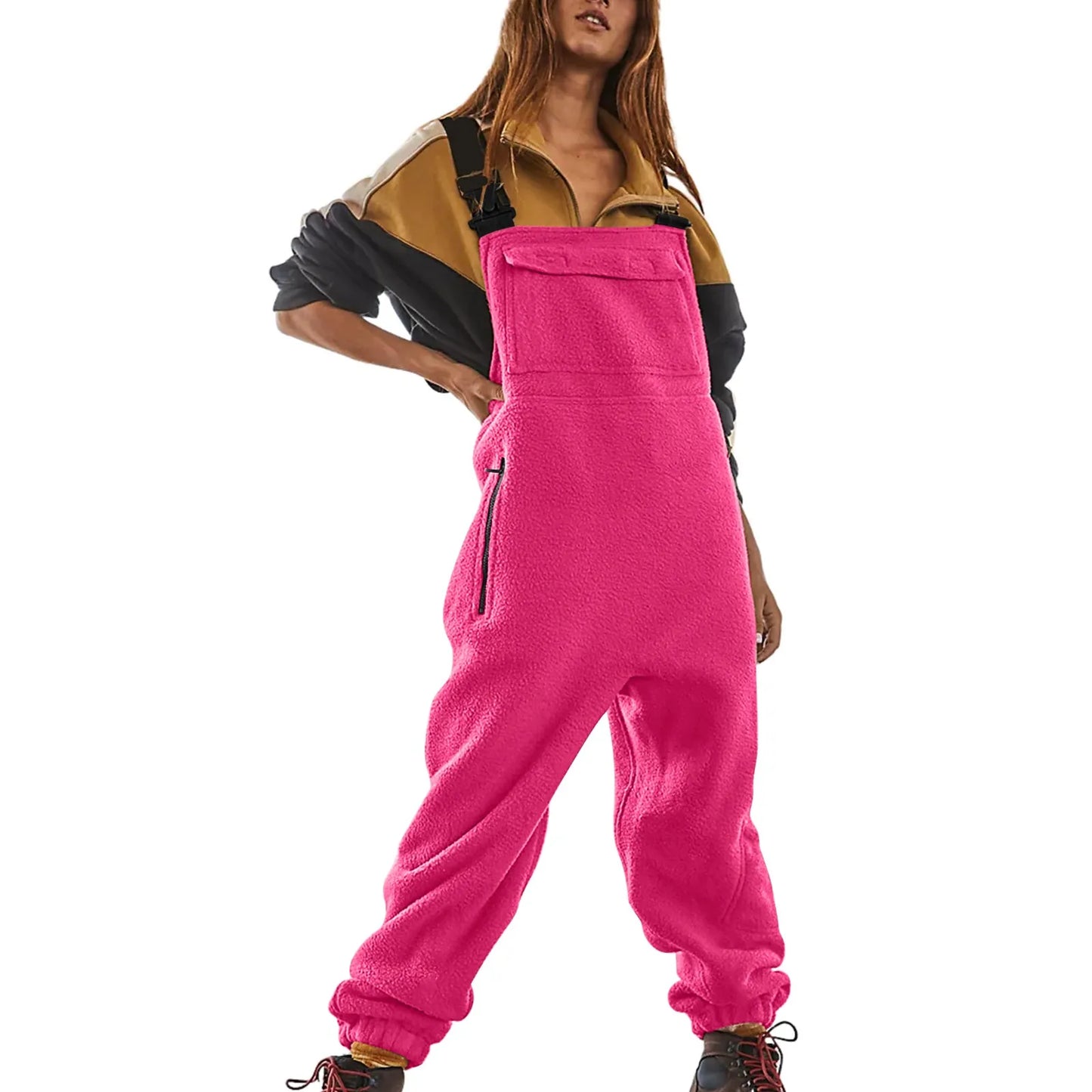 Womens Fleece Overalls One-piece Bibs Jumpsuits Adjustable Suspender Straps Warm Winter Fuzzy Ski Pants