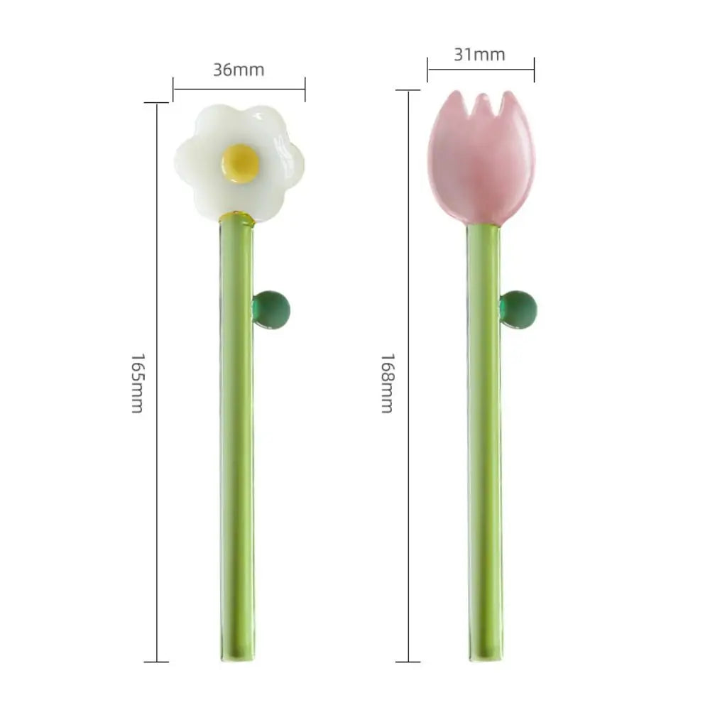 Long handle Glass Spoon Creative Transparent Glass Dessert Spoon Flower Shaped Colored Coffee Stirring Spoon Stick Bar