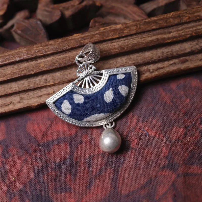 Vintage ethnic style embroidery, old embroidery, wax printing, fan-shaped silver pendant jewelry