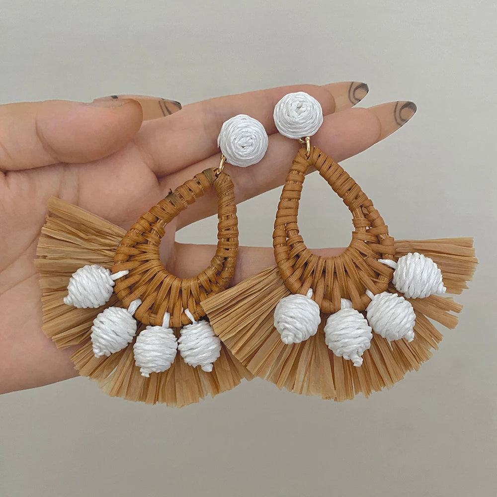 AENSOA Bohemia Handmade Raffia Rattan Braid Wooden Big Large Drop Earrings for Women Boho Jewelry Exaggerated Ethnic Earring