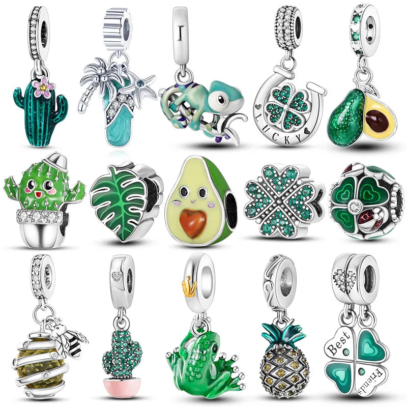 Silver Plated Charms For Woman Summer Green Cactus Avocado Beads Fit Original Pandora Bracelet Necklace DIY Dangle Charms