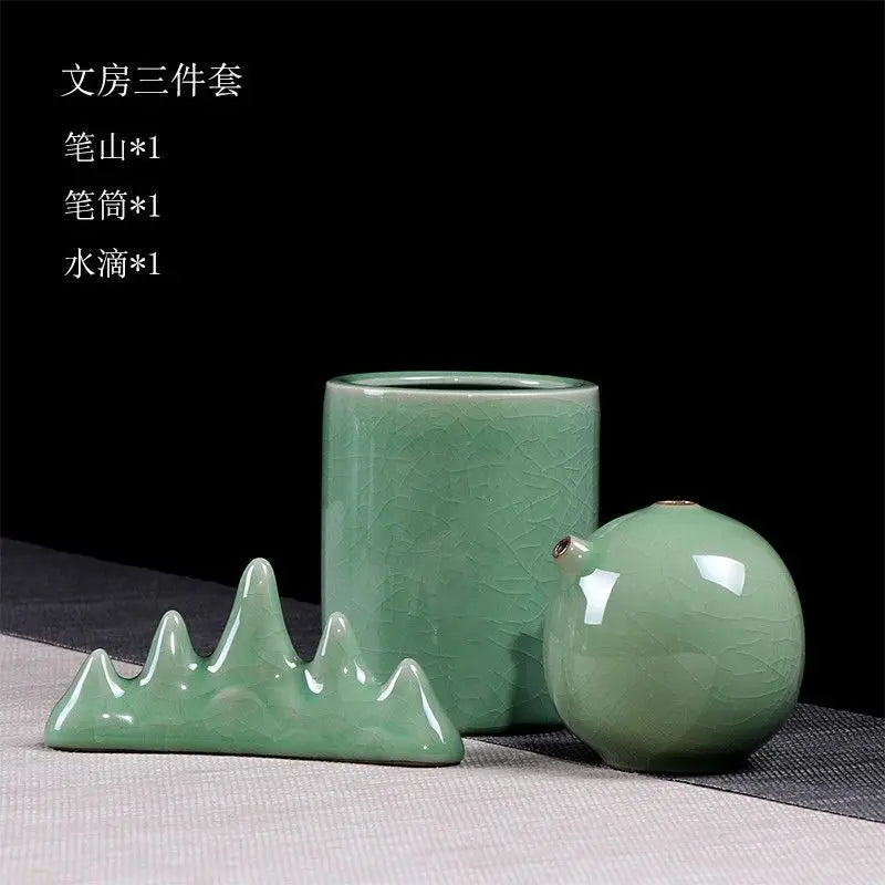 Royal Ming Celadon Study Four Treasures Set Calligraphy Supplies Pen Holder Paperweight Wash Adult