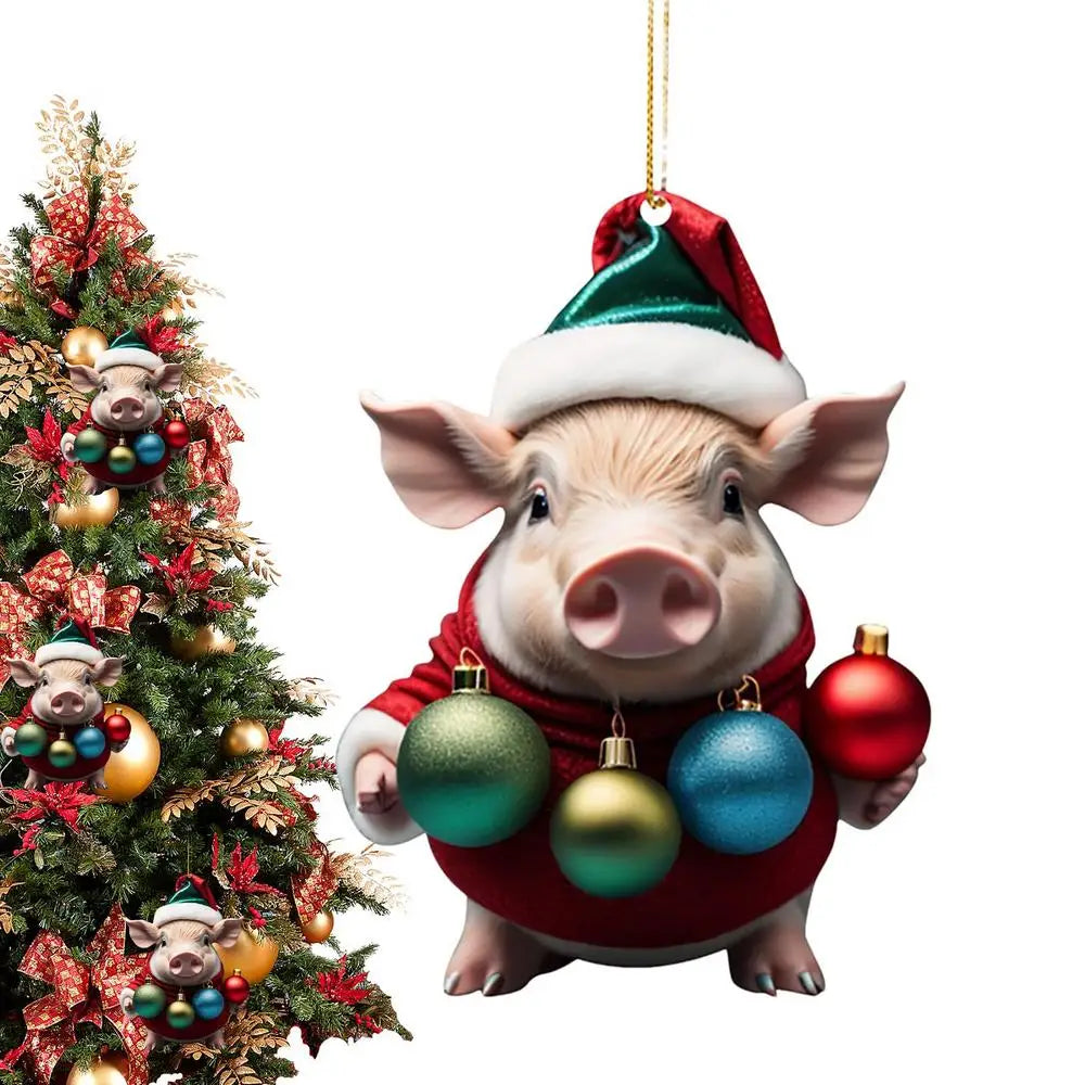 2D Acrylic Funny Pig Pendant With Lanyard Cute Cartoon Christmas Ornaments For Trees Doors Party Supplies Home Decoration