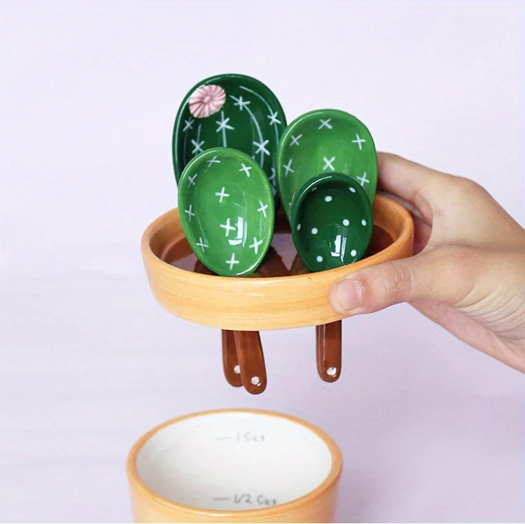 1set Ceramic Cactus Measuring Spoons Set Adorable Functional Kitchen Utensils with Holder Cup Unique Home Ornament Measuring Cup