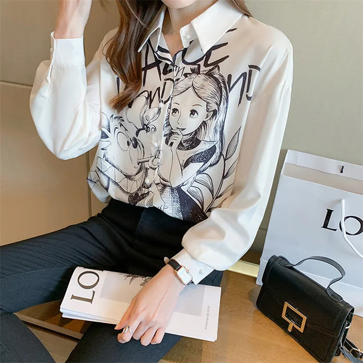 Casual Long Sleeve Cartoon Print Shirt Elegant Chiffon Blouse Women Vintage Harajuku Loose Tops Korean Chic Women Clothing Tunic