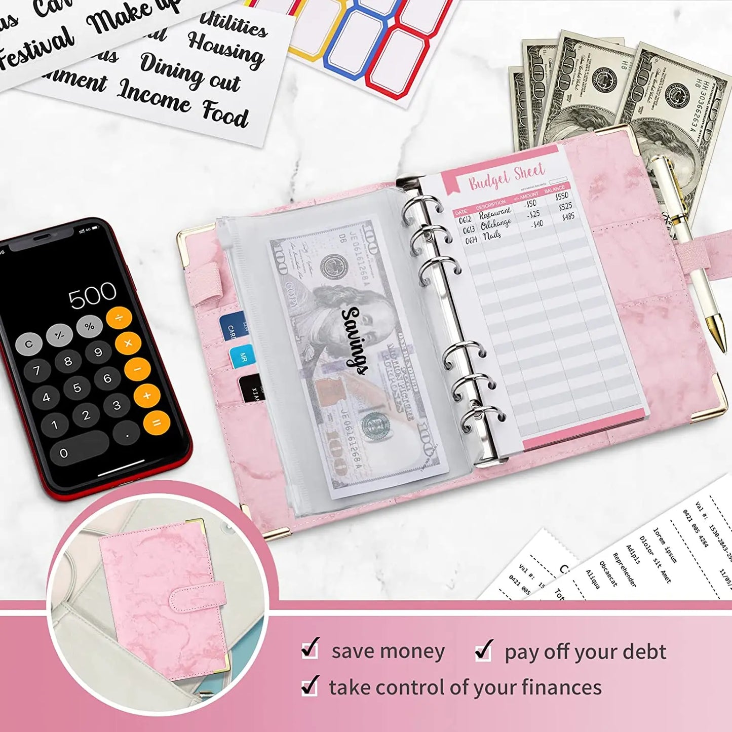 A6 Money Saving Organizer PU Leather Budget Binder Marble Notebook Budgets Planner 2023 Envelope Office School Supplies Valentines Gift