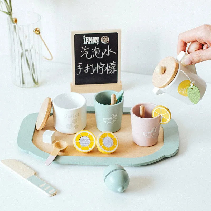 DIY Playing Home Wooden Simulation Kitchen Supplies Toy Afternoon Tea Birthday Cake European Tea Set Hands on Ability Training