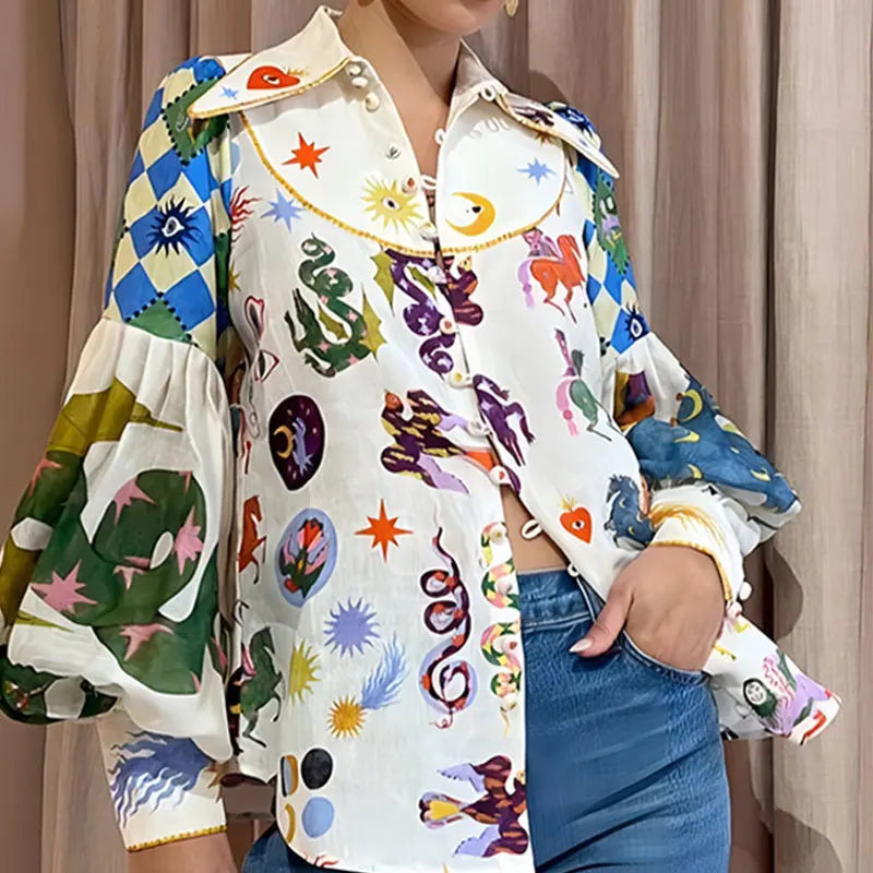 2024 Summer Women's New Temperament Commuter Print Lapel Single Breasted Lantern Sleeve Shirt For Women