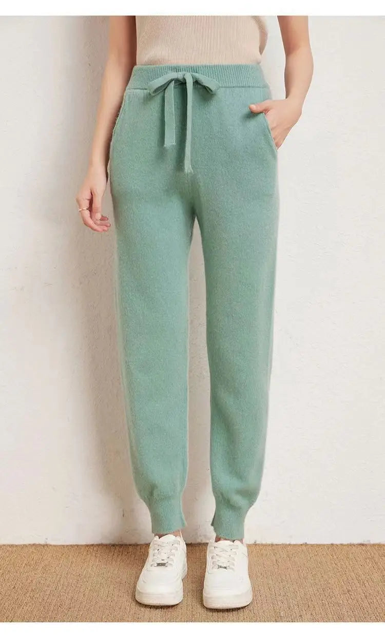 Women's 100% Wool Knitted Trousers, Casual Sports Sweatpants, Korean Version, Small Leg Pants, Female Cashmere Pants, Fashion