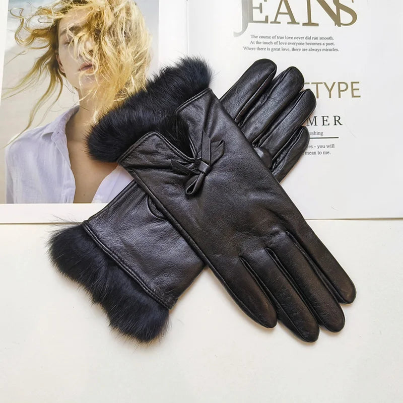 Women's sheepskin bow gloves with warm velvet lining and genuine leather driving gloves