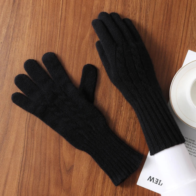 Women Wool Cashmere Gloves Cable Knit Touchscreen Finger Hole Winter Autumn Warm Wrist Length Classic Gloves Female Mitten