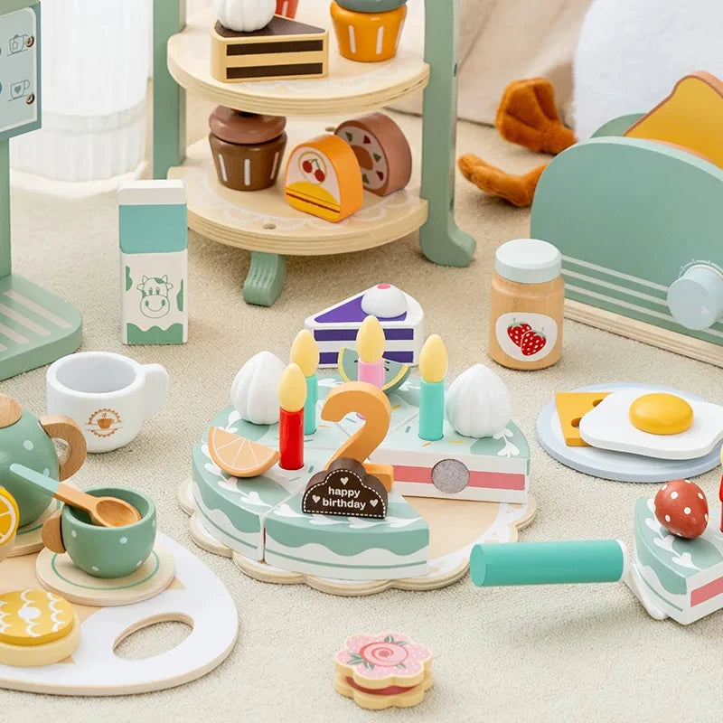 Wooden Kitchen Pretend Play Toy Tea Party Set for Little Girls Coffee Maker Set Cake Ice Cream Tea Playset for 3 4 5 6 Ages Girl