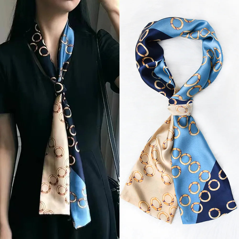 Luxury Horse Pattern Imitation Silk Scarf Headband Neckerchief Foulard Female Hair Scarfs Neck Tie Skinny Scarves Soft Satin