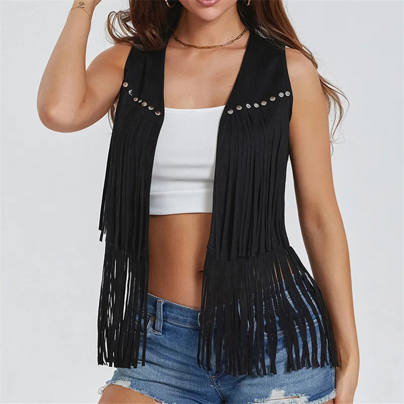 Women Fringe Vest Faux Suede Open Front Vintage Vest Sleeveless Hippie Clothes Boho Western Cowboy Style Short Jacket