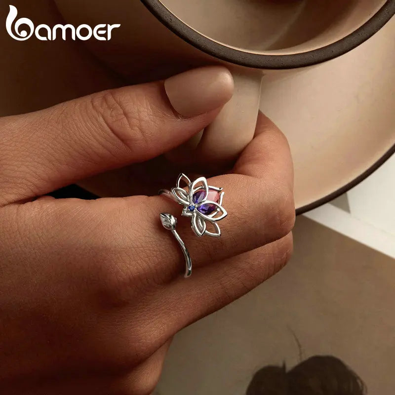 BAMOER 925 Sterling Silver Lotus Adjustable Ring Encouragement Lotus Flower Open Wrap Ring Inspirational Jewelry Gift for Women