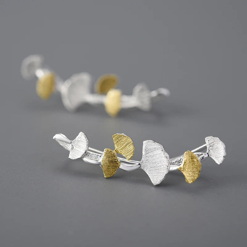 Lotus Fun 18K Gold Delicate Ginkgo Leaves Long Branch Stud Earrings for Women Real 925 Sterling Silver Luxury Quality Jewelry