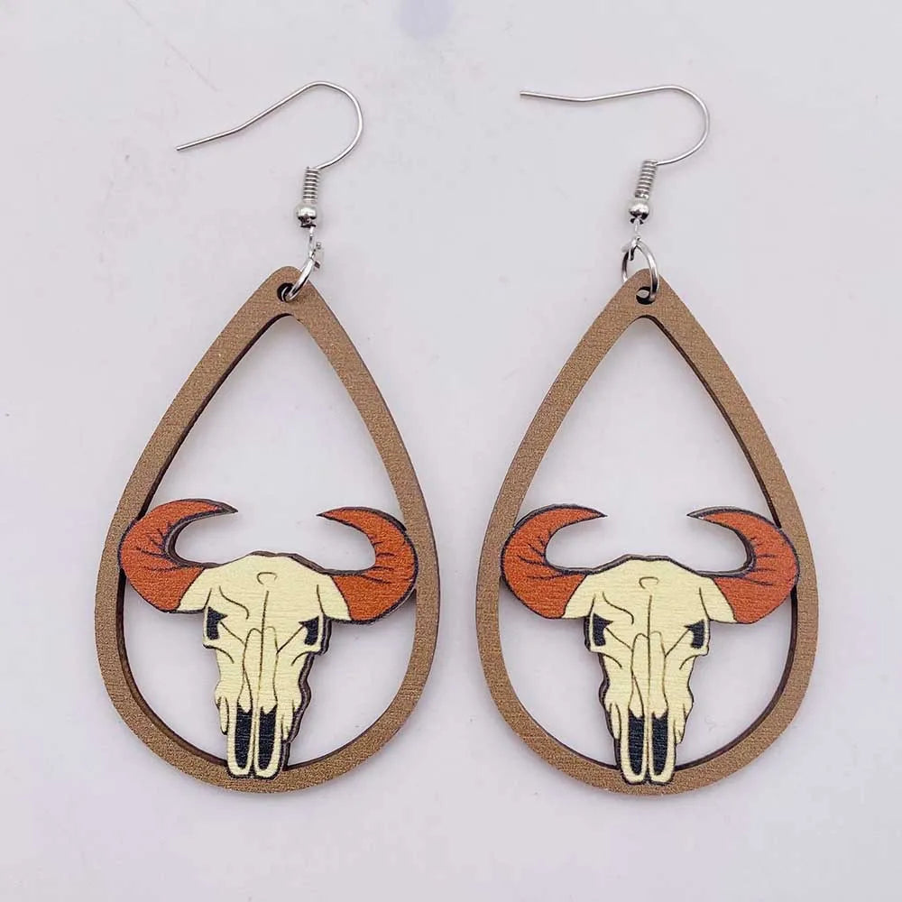 Western Cowboy Wood Earrings Boots Hat Pendant Earrings Sunflower Cow Skull Cowboy Hat Boot Drop Earrings for Women Jewelry