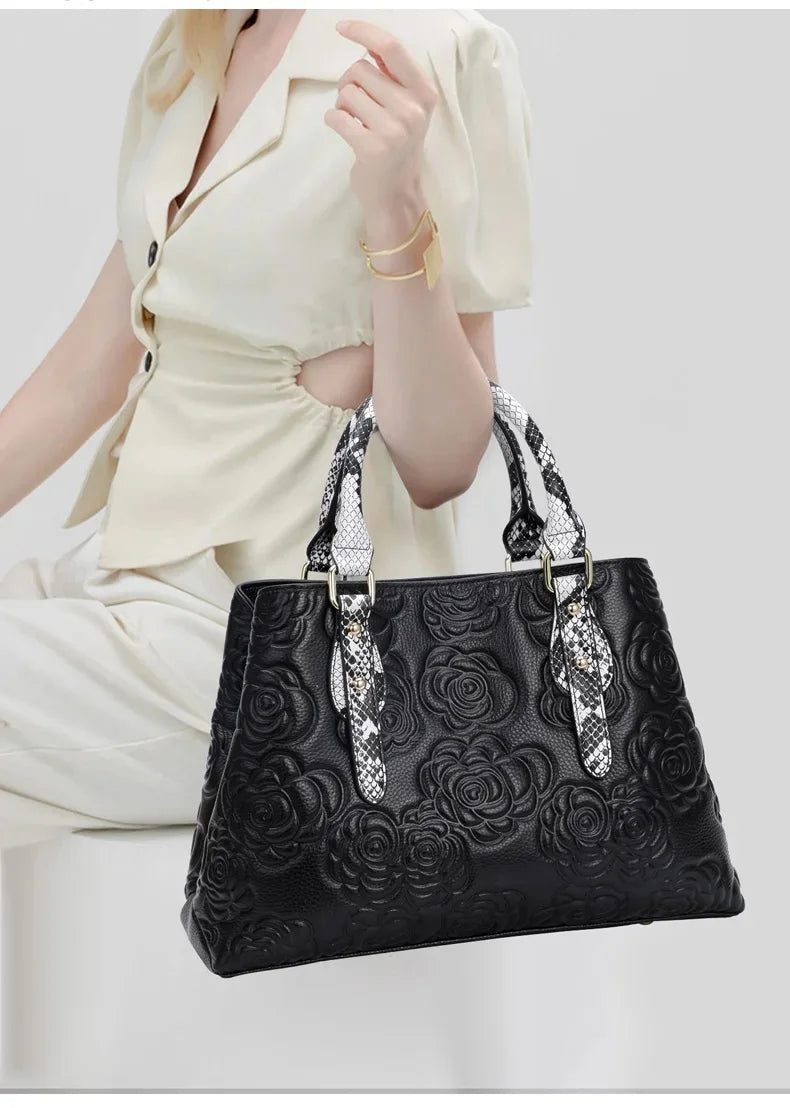 Aidrani  Women's luxury leather handbag, large capacity black, with floral and snake pattern design,