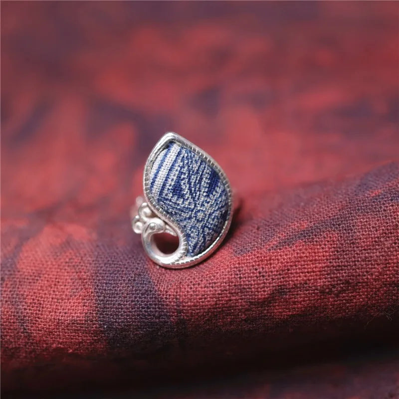 Old Chinese Miao Handmade Depiction Of Plant Dyes Adjustable Size Jewelry Ring