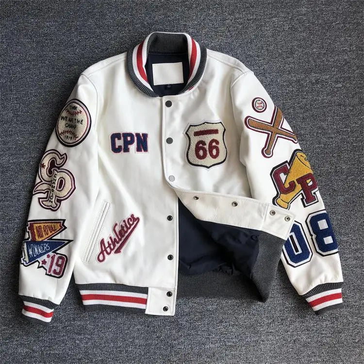 2025 New Men's winter baseball Jacket Men Retro Trend leather Jacket heavy industry embroidery white short Coats Men Clothing