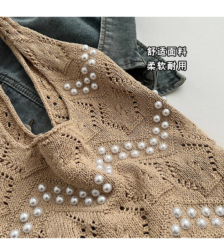 Hollow Out Large Capacity Knitting Shoulder Bags Pearl Unique Design Grace Sense of Luxury Hand Bags for Women 2024 Casual Tote