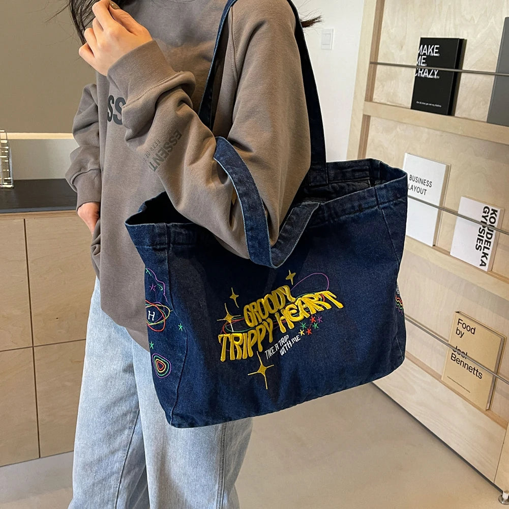 Denim Shoulder Bag Canvas Embroidered Letters Handbag Casual Travel Shopper Retro Hobo Bag Large Capacity Shoulder Underarm Bag Valentines Gift