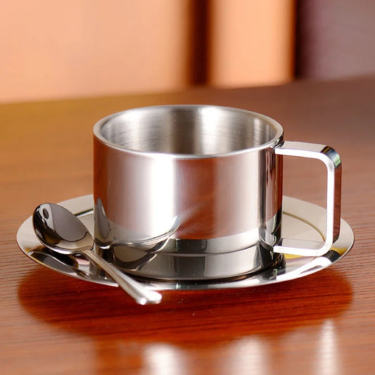 Stainless Steel Coffee Cup Set Double Walled Heat Resistant Mug with Saucer Spoon Drink Tableware Kitchen Cafe Accessories