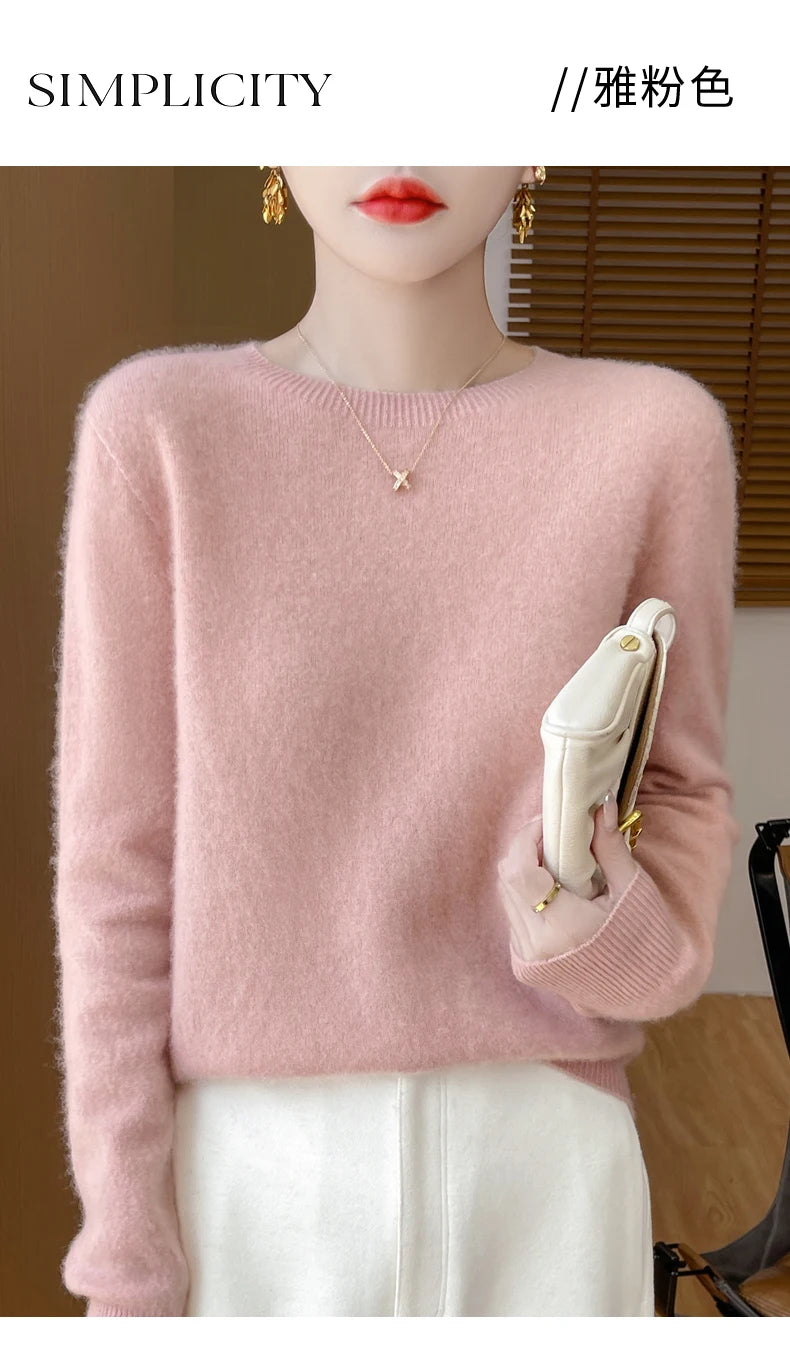 Autumn Winter Women Clothing O-Neck Pullover 100% Merino Wool Sweater New Fashion Cashmere Tops Bottoming Long Sleeve Knitwear