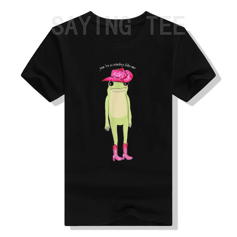 You're A Cowboy Like Me Funny Frog Pink Cowboy-Hat Cowgirl T-Shirt Western Country Southern Style Graphic Tee Tops Cute Outfits