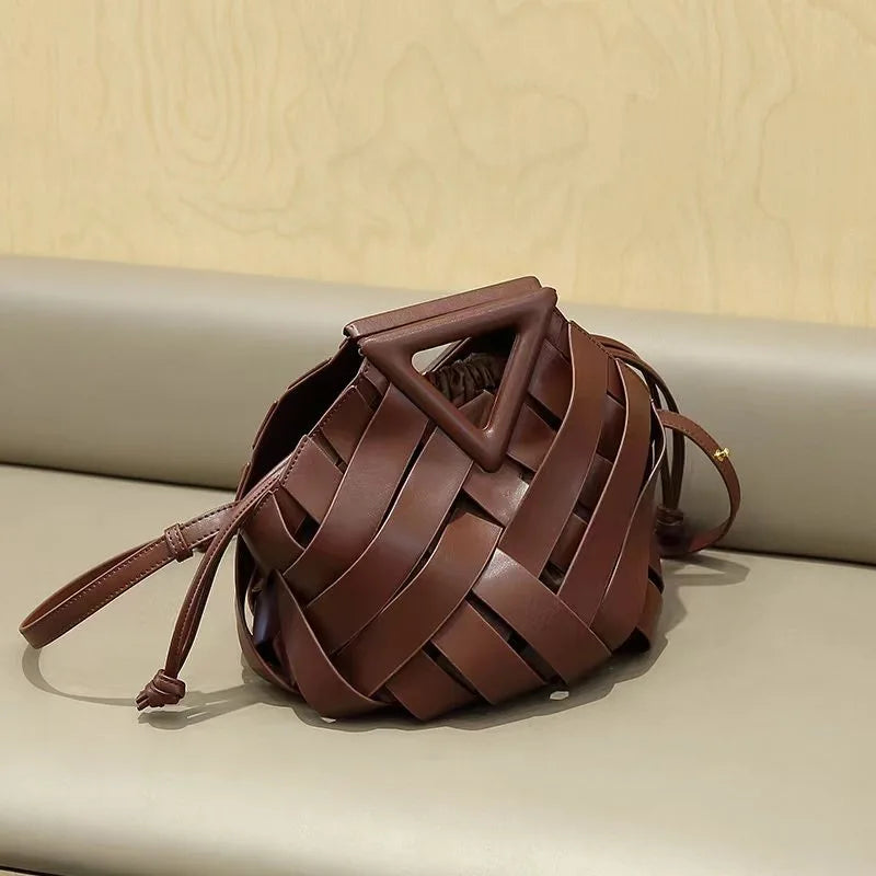 2024 New Arrival High Fashion Top-handle Brown Woven Shoulder Bags for Women with Hollow-out Design Unique Style Bucket bag