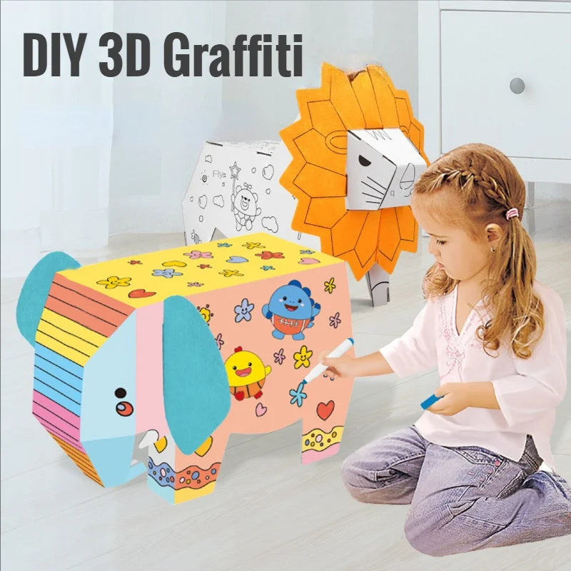 3D DIY handmade cardboard, creative cardboard, animals, graffiti, kindergarten models, cardboard toys, coloring, lions,