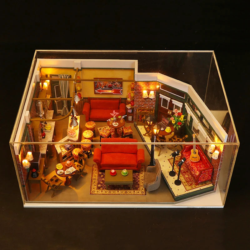 DIY Wooden Joey‘s Apartment Casa Miniature Building Kits Bookend With Lights Assembled Bookshelf Home Decoration Friends Gifts