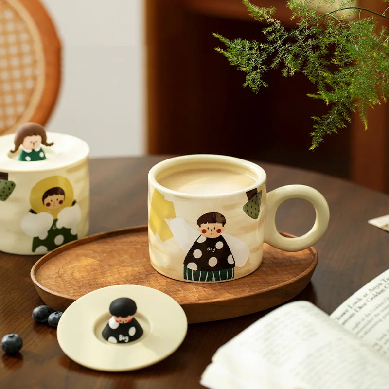 Cute Boys And Girls Couple Water Cup Ceramic Mug With 3d Lid&Handle Breakfast Cup Milk Coffee Cup For Restaurants/Cafes