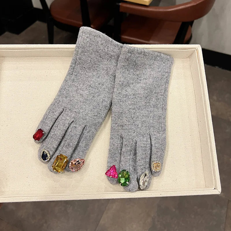 Cute Gloves for Women Autumn Winter Colorful Plastic Crystal Cashmere Black Grey Gloves Touch Screen Female Gift