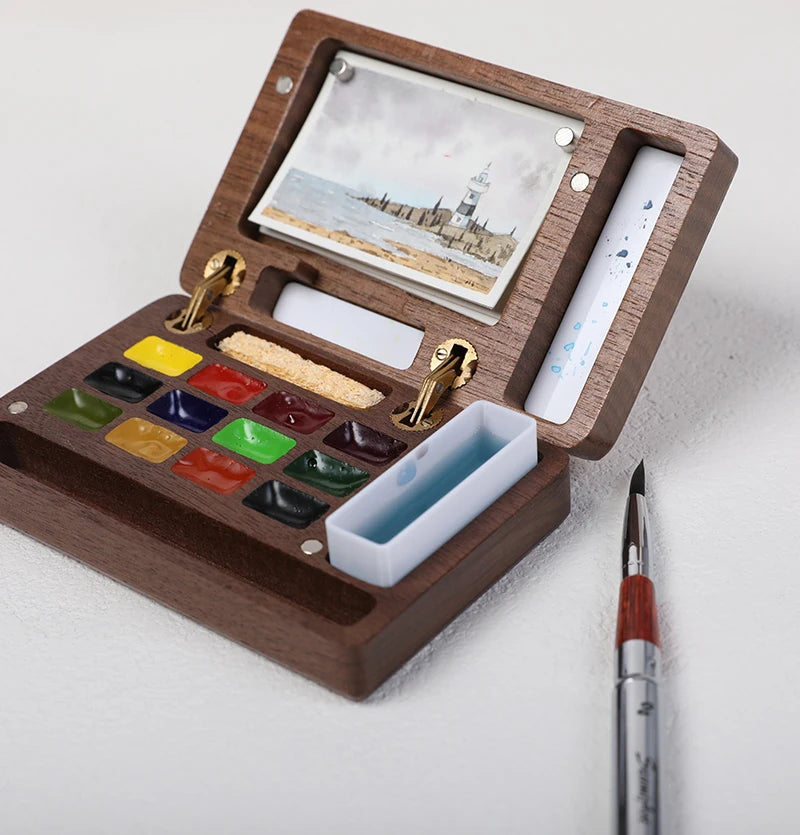 Wooden Portable Watercolor Pigment Subpackage Empty Box Art Student Handbook Sketching Travel Painting Palette Art Supplies