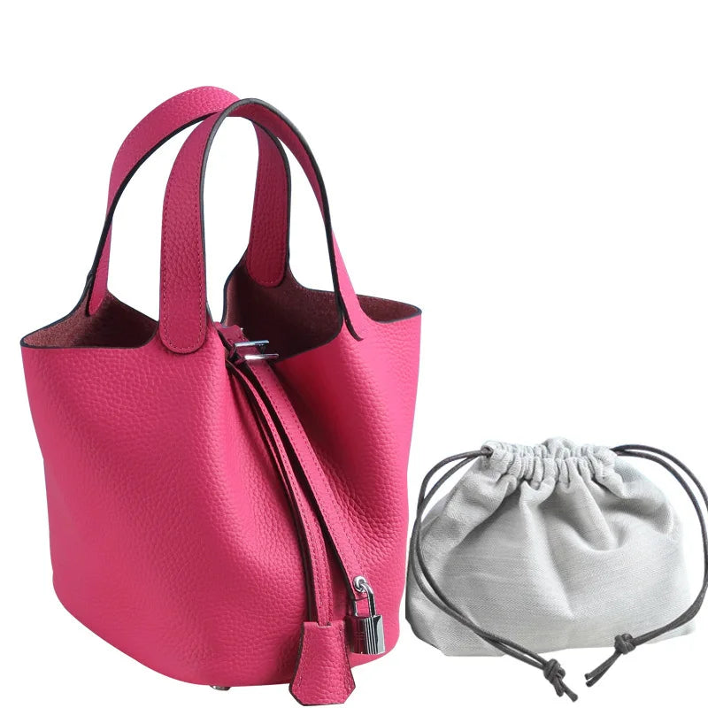 Various Genuine Leather Luxury Bag Fashion Women's Handbag Vegetable Basket Style Portable Women Bucket Bag with Lock