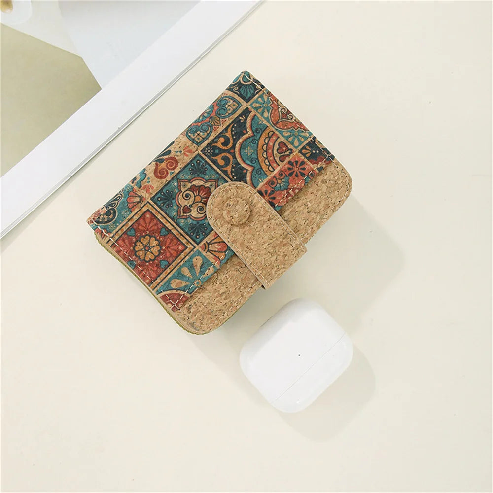 Retro Printed Women's Short Wallet Zipper Cork Leather Card Bag Multi functional Card Slot Women's Card Case Money Pouch Clutch