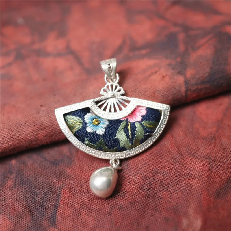 Vintage ethnic style embroidery, old embroidery, wax printing, fan-shaped silver pendant jewelry