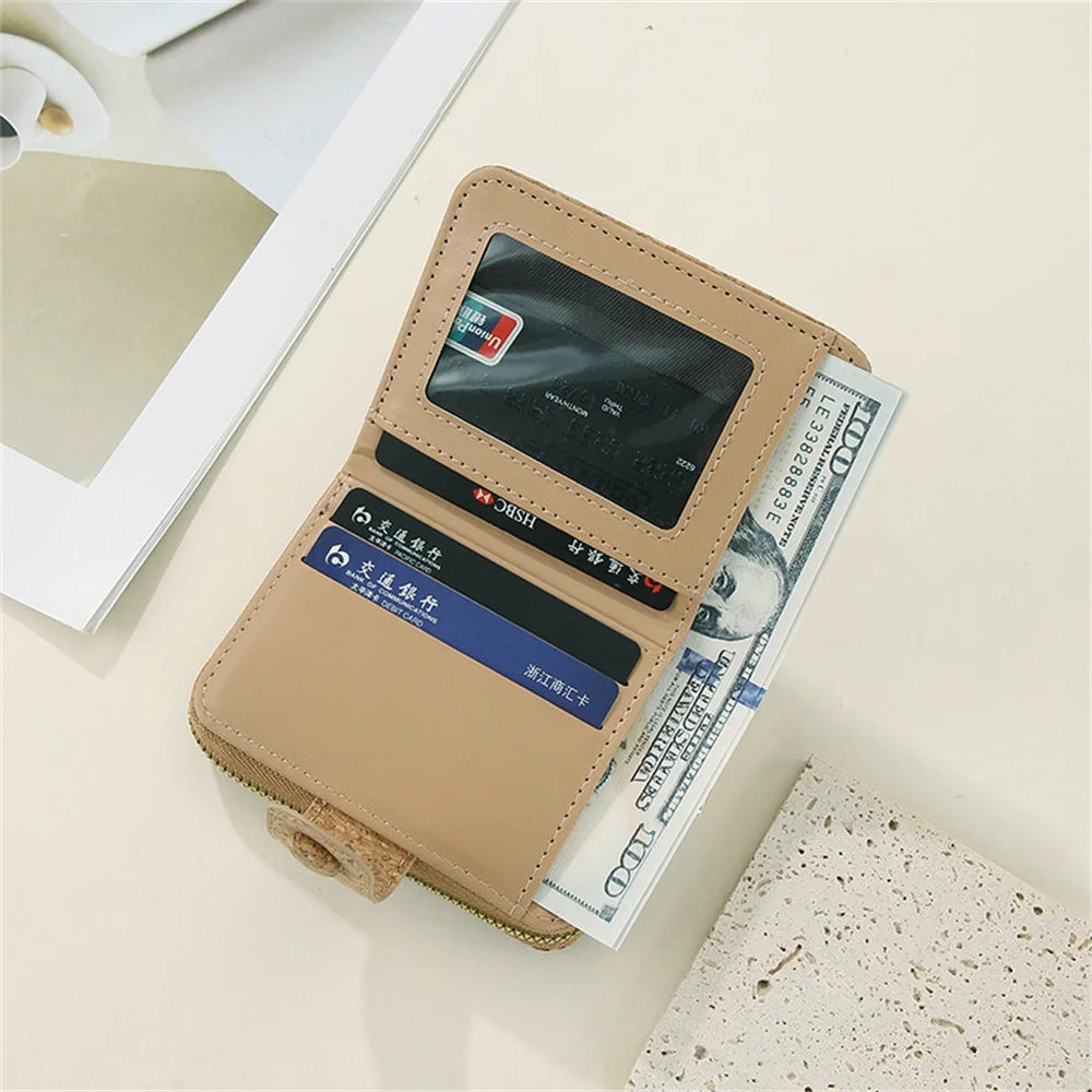 Retro Printed Women's Short Wallet Zipper Cork Leather Card Bag Multi functional Card Slot Women's Card Case Money Pouch Clutch