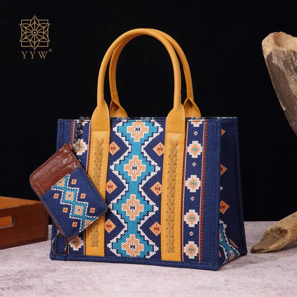 Retro Women Cotton Linen Handbag Large Capacity Western Boho Aztec Wide Shoulder Tote Bags with Coin Wallet Lady Bucket Purse