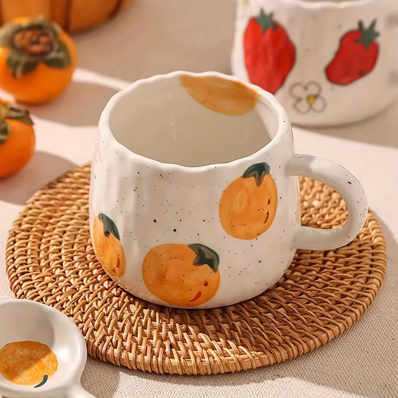 1pc 300ml Vibrant Fruit Themed Ceramic Coffee Mug All Occasions Gift Children's Porcelain Cup Breakfast Cup and Plate Drinkware