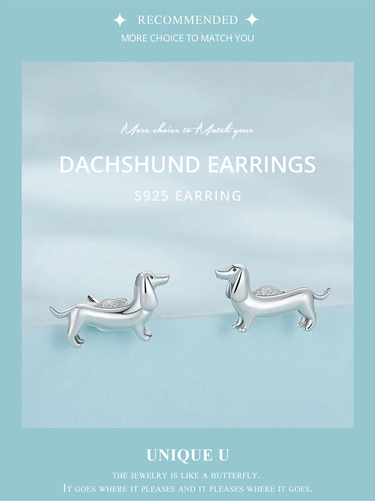 WOSTU 925 Sterling Silver Cute Dachshund Dog Adjustable Rings Stud Earrings Original Girl Lovely Pet Jewelry Set Birthday Gift Valentines Gift