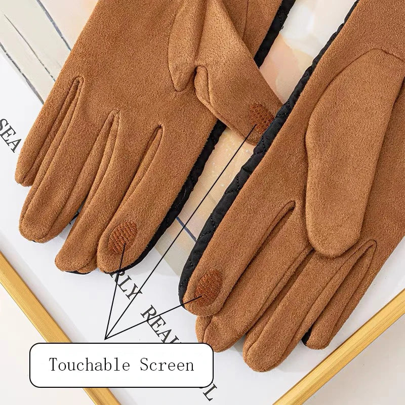 Women's Contrasting Suede Leather Plus Velvet Thicken Touch Screen Driving Warm Gloves For Sports Winter Outdoor Ski Coldproof