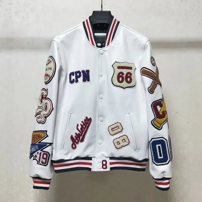 2025 New Men's winter baseball Jacket Men Retro Trend leather Jacket heavy industry embroidery white short Coats Men Clothing