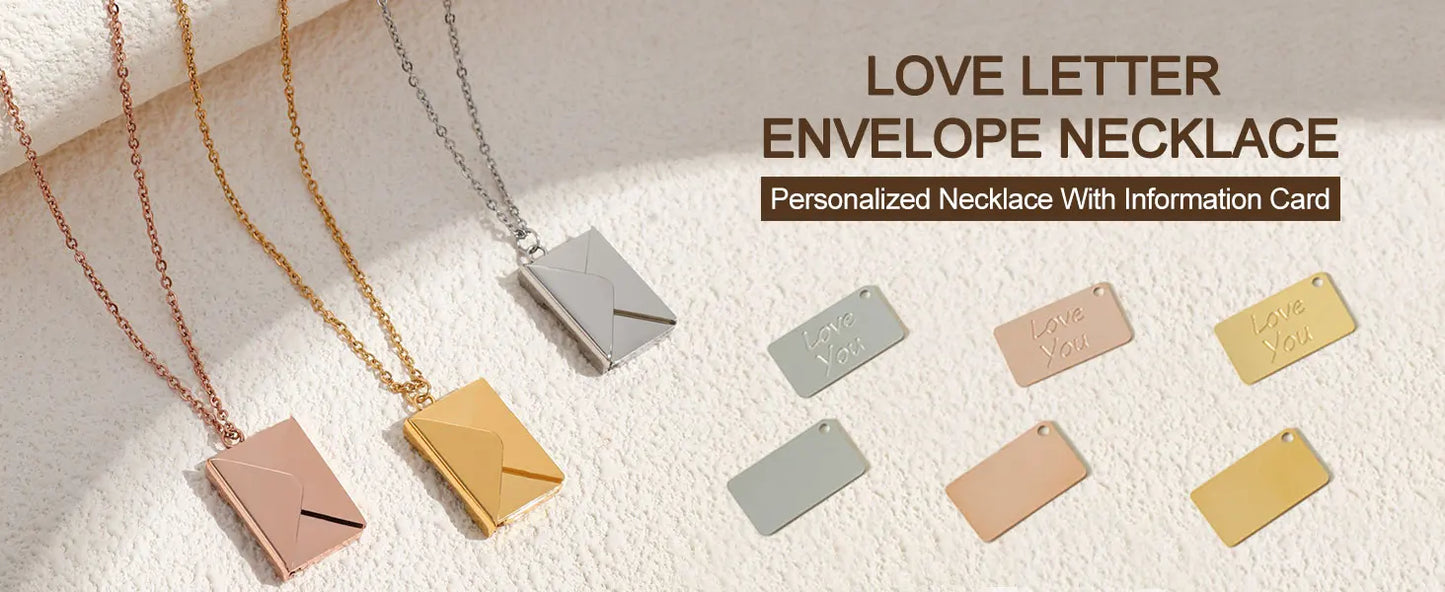 Envelope Love Letter Necklace for Women Stainless Steel Love You Gift Message Engraved Jewelry Pendant Couples and Family Valentines Gift