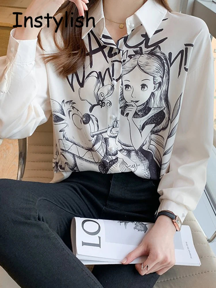 Casual Long Sleeve Cartoon Print Shirt Elegant Chiffon Blouse Women Vintage Harajuku Loose Tops Korean Chic Women Clothing Tunic