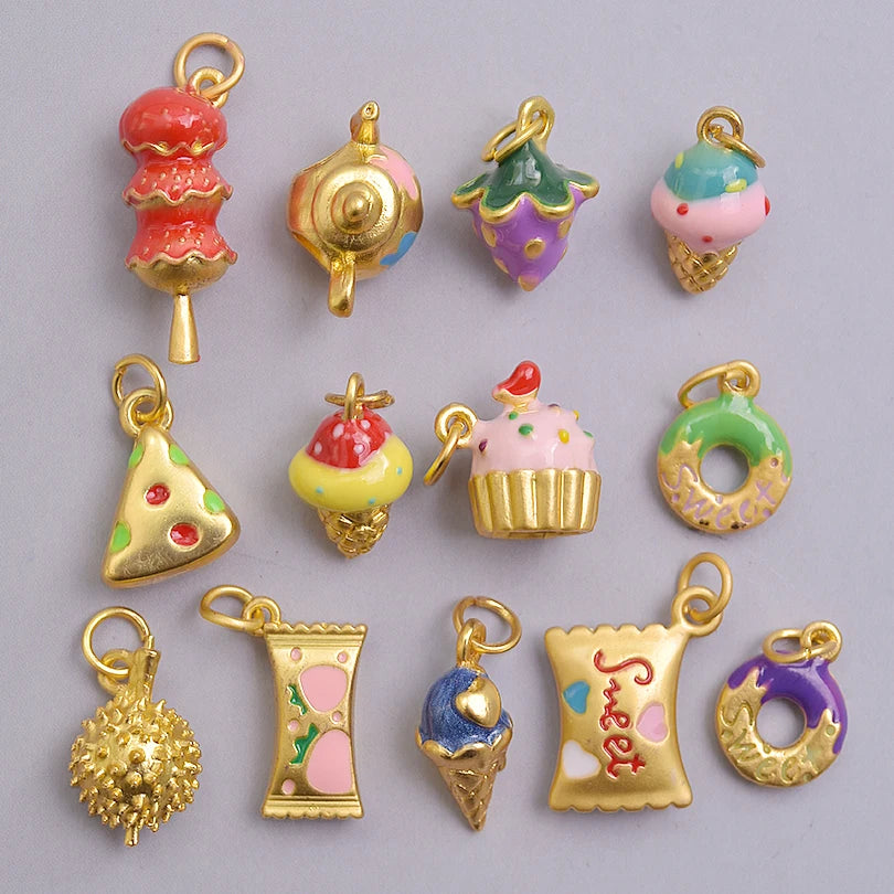 10Pcs/Lot Mix Styles Cute Sweets Candy Birthday Cake Charms Enamel Ice Cream Doughnut Breloques Jewelry Accessories Wholesale