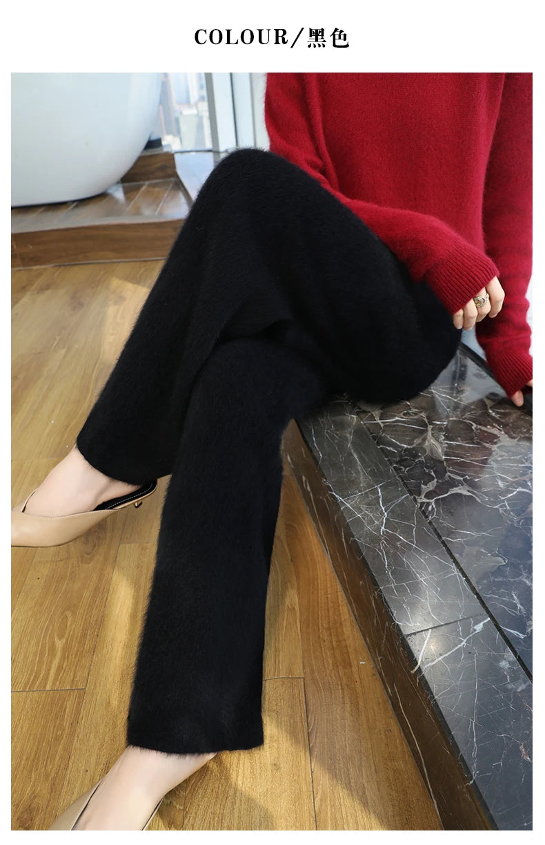 2024 Autumn/Winter New Mink Cashmere Wide Leg Pants for Women, Thickened, Warm, Loose, High Waist Strap up Vertical Casual Pants