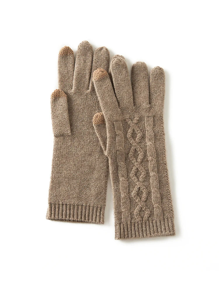 100% Real Cashmere Knitted Gloves Touchscreen Finger Women Autumn Winter Thick Cable Warm Wrist Length Classic Female Mitten