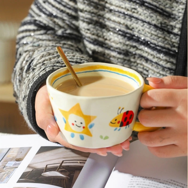 Ceramic Mug Lovely Hand Painted with Moon Handle Creative Breakfast Cup Kitchen Drinkware Milk Tea Coffee Mugs for Birthday Gift